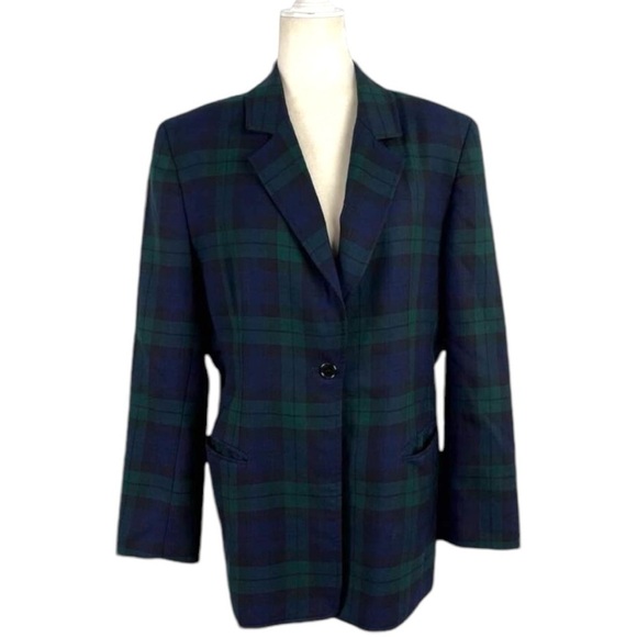 Brooks Brothers Tartan Plaid Green Black Watch Single Breasted Wool Blazer SZ 14 - Picture 2 of 16